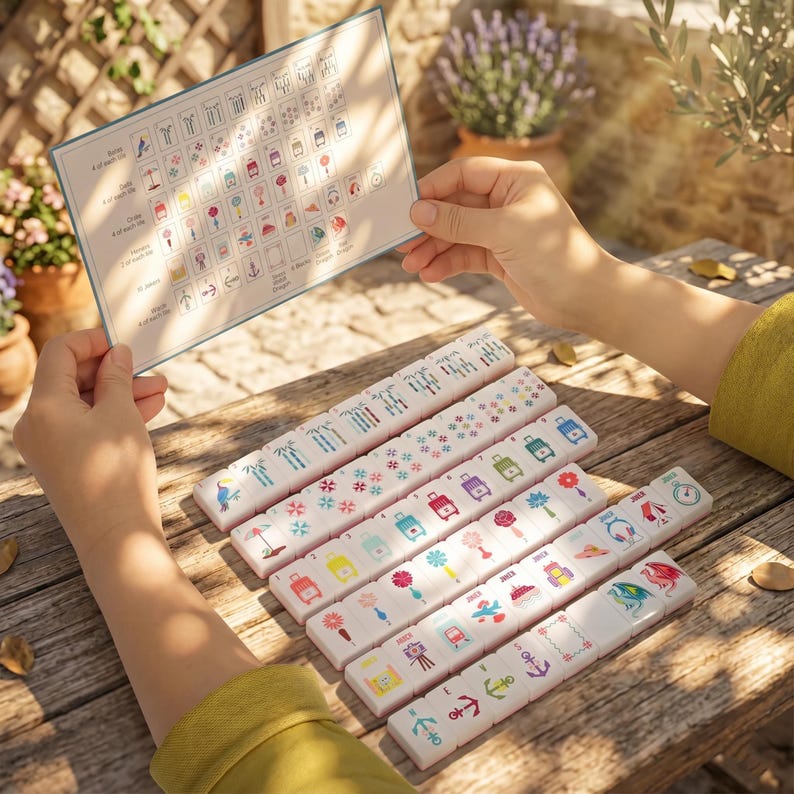 May include: A set of white Mahjong tiles with colorful illustrations of travel-themed icons, including suitcases, flowers, and anchors. A card with game symbols is held above the tiles. The tiles are arranged on a wooden table.