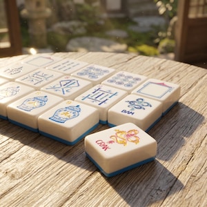 K&ouml;nnte beinhalten: Ein Satz wei&szlig;er Mahjong-Steine mit blauen R&auml;ndern, angeordnet auf einer Holzoberfl&auml;che. Die Steine zeigen verschiedene Symbole und Illustrationen in Blau und Gold, darunter Drachen und chinesische Schriftzeichen. Ein Stein zeigt das Wort "CRAK".