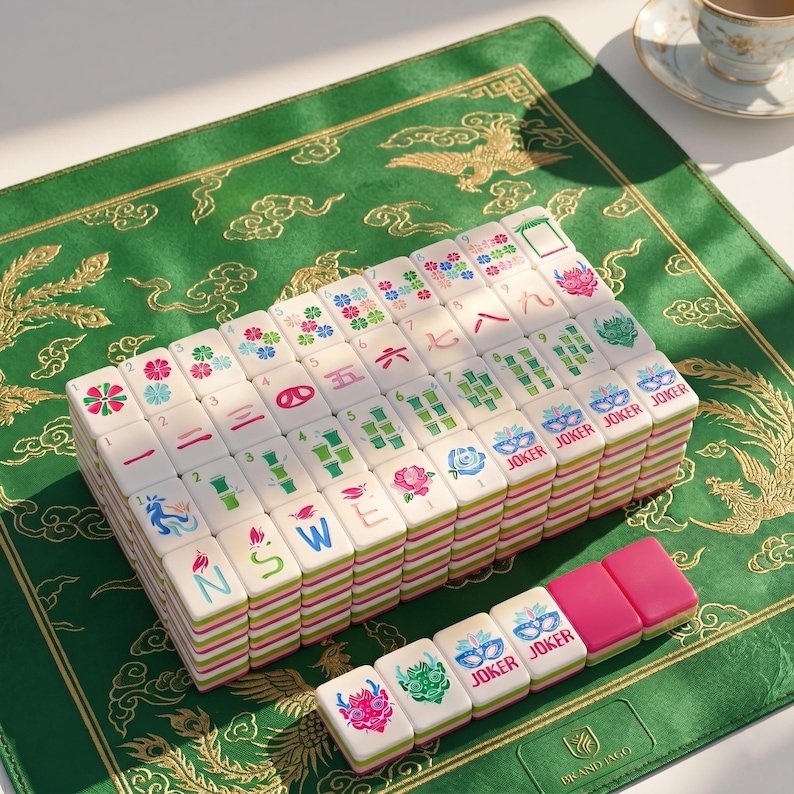 May include: A complete Mahjong set with white tiles featuring colorful symbols and Chinese characters. The tiles are stacked on a green mat with gold accents. Pink tiles and a teacup are also visible.