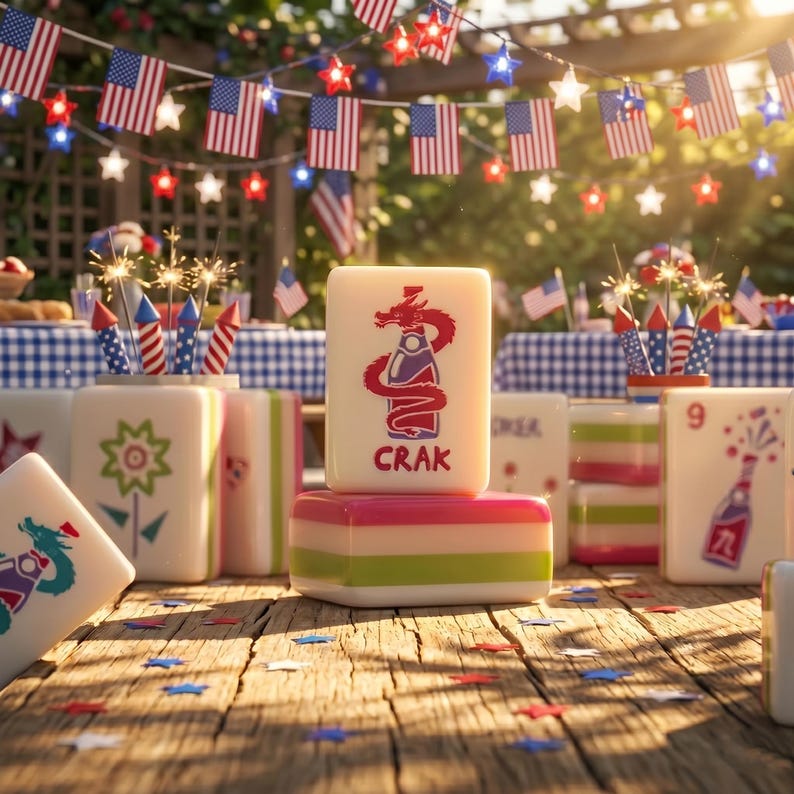 K&ouml;nnte beinhalten: Nahaufnahme einer Mahjong-Kachel mit einem roten Drachendesign und dem Wort "CRAK". Die Kachel befindet sich auf einer gestreiften Basis aus Rosa, Wei&szlig; und Gr&uuml;n. Die Szene spielt sich im Freien mit amerikanischen Flaggen und festlichen Dekorationen ab.