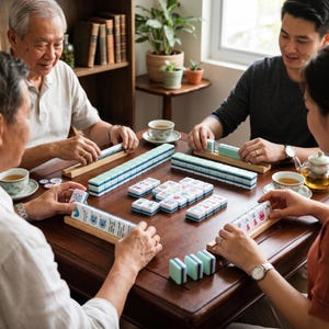 Może przedstawiać: Grupa os&oacute;b grających w Mahjong na ciemnym drewnianym stole. Elementy gry są białe z niebieskimi i zielonymi akcentami. Na stole znajdują się r&oacute;wnież filiżanki do herbaty i czajniczek. W tle regał i rośliny.