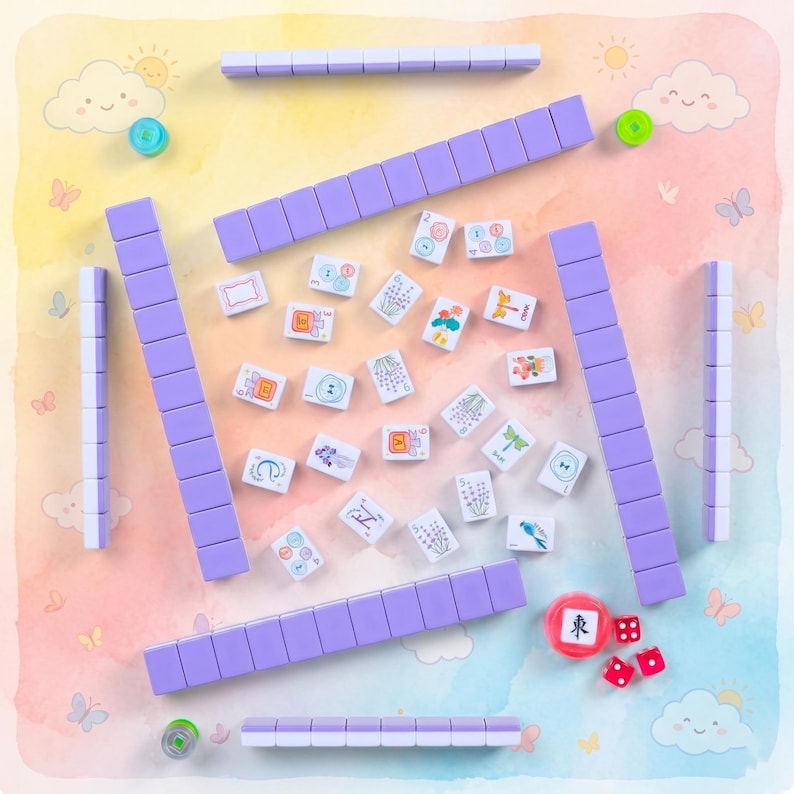May include: A colorful Mahjong set with purple tiles and small game pieces. The tiles are arranged in a square, with a variety of symbols and characters. The background is a watercolor wash of pastel colors with clouds and butterflies.