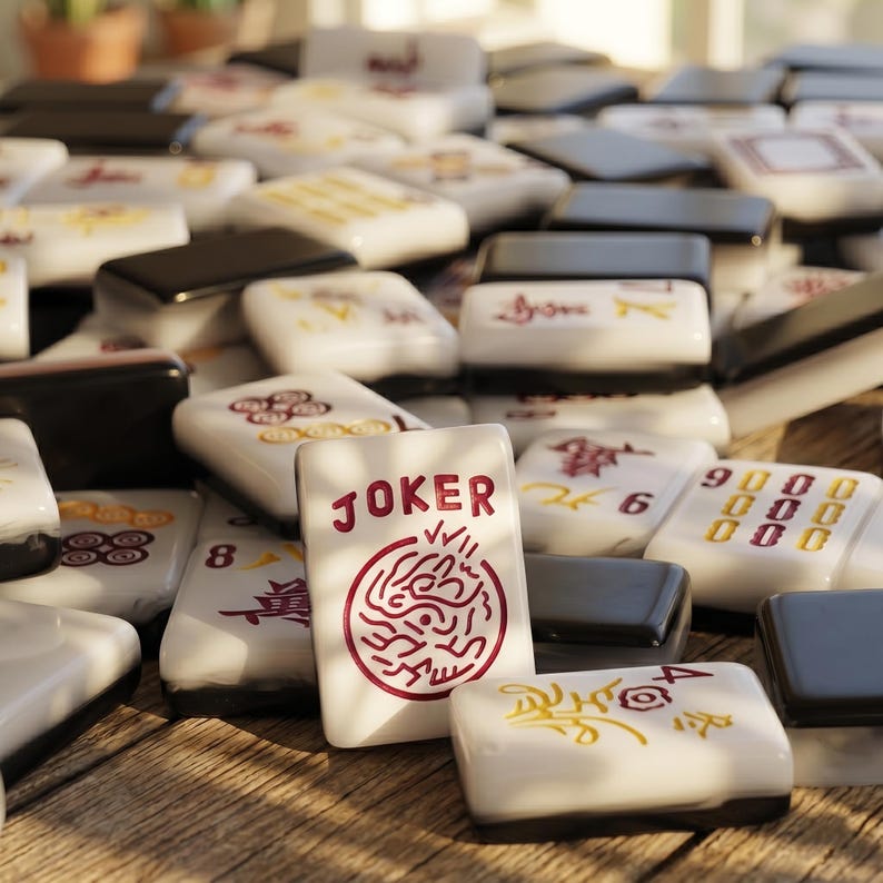 Puede incluir: Un conjunto de fichas de Mahjong blancas y negras con varios s&iacute;mbolos y n&uacute;meros. Una ficha muestra la palabra "JOKER" en rojo, junto con un dise&ntilde;o circular. Las fichas est&aacute;n dispuestas sobre una superficie de madera.