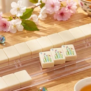 May include: A clear acrylic mahjong tile holder with ivory-colored tiles, some featuring floral designs. The scene includes marbles, teacups, and cherry blossoms, suggesting a game setup on a wooden table.