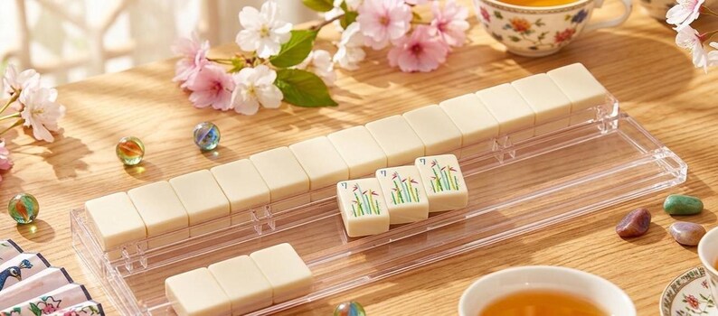 May include: A clear acrylic mahjong tile holder with ivory-colored tiles, some featuring floral designs. The scene includes marbles, teacups, and cherry blossoms, suggesting a game setup on a wooden table.