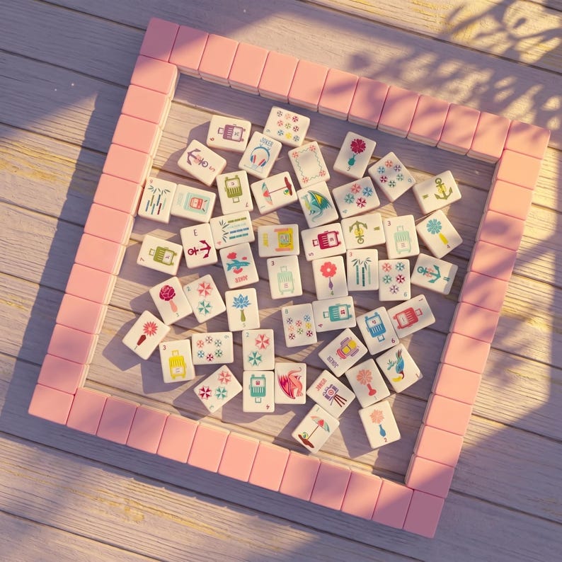 May include: A pink mahjong set with a pink border, featuring numerous tiles with various colorful illustrations. The tiles display images of flowers, anchors, luggage, and other symbols. The set is arranged on a light-colored wooden surface.