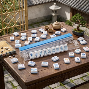 K&ouml;nnte beinhalten: Ein komplettes Mahjong-Set mit blauen und wei&szlig;en Spielsteinen wird auf einem Holztisch pr&auml;sentiert. Das Set enth&auml;lt einen transparenten Spielsteinhalter aus Kunststoff, ein kleines Go-Brett mit schwarzen und wei&szlig;en Steinen und einen Bonsai-Baum. Eine Teekanne und Tassen stehen ebenfalls auf dem Tisch.