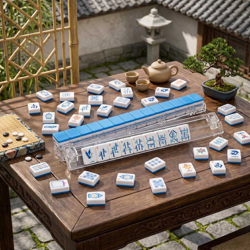 K&ouml;nnte beinhalten: Ein komplettes Mahjong-Set mit blauen und wei&szlig;en Spielsteinen wird auf einem Holztisch pr&auml;sentiert. Das Set enth&auml;lt einen transparenten Spielsteinhalter aus Kunststoff, ein kleines Go-Brett mit schwarzen und wei&szlig;en Steinen und einen Bonsai-Baum. Eine Teekanne und Tassen stehen ebenfalls auf dem Tisch.