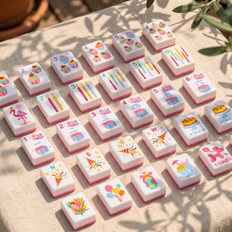 May include: A collection of white Mahjong tiles with pink edges, featuring colorful birthday-themed illustrations. The tiles display cupcakes, candles, gift boxes, and balloons. Some tiles have numbers and the words "JOKER" and "COKER".