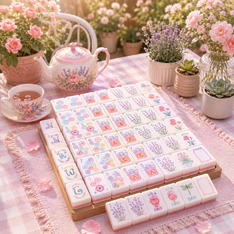 Puede incluir: Un juego de fichas de mahjong con ilustraciones florales y de lavanda en tonos pastel sobre fichas blancas con bordes rosas, dispuestas en una bandeja de madera. Las fichas muestran varios n&uacute;meros, s&iacute;mbolos y dise&ntilde;os bot&aacute;nicos.
