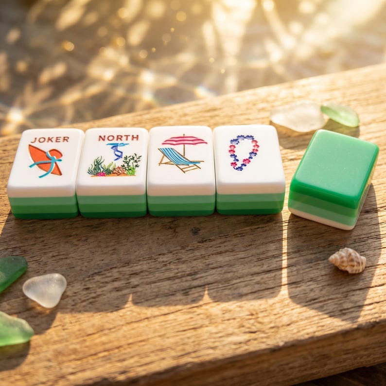 Op de afbeelding: Een set witte en groene Mahjong-tegels met illustraties met strandthema's. De tegels bevatten afbeeldingen van een surfplank, een strandstoel en een bloemenkrans. Een groene tegel staat naast de set. De tegels liggen op een houten oppervlak.