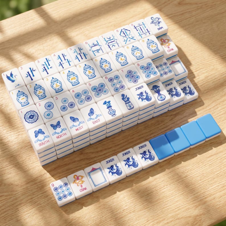 K&ouml;nnte beinhalten: Ein komplettes Set wei&szlig;er Mahjong-Steine mit blauen Details, einschlie&szlig;lich Symbolen, Zahlen und Schriftzeichen. Die Steine sind auf einer hellen Holzoberfl&auml;che angeordnet, wobei einige gestapelt und andere ausgebreitet sind. Ein Satz blauer Steine ist ebenfalls vorhanden.