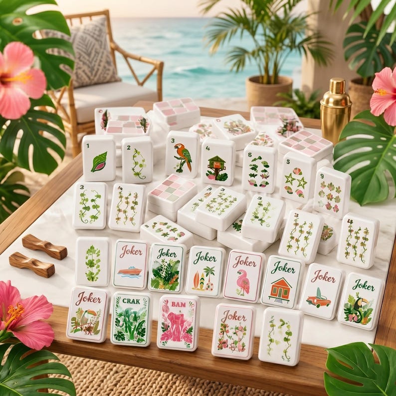 May include: A set of white rectangular mahjong tiles featuring various tropical illustrations, including parrots, flamingos, toucans, palm trees, and surfboards. Several tiles are labeled with the word Joker, while others display botanical vine patterns and pink checkered designs.