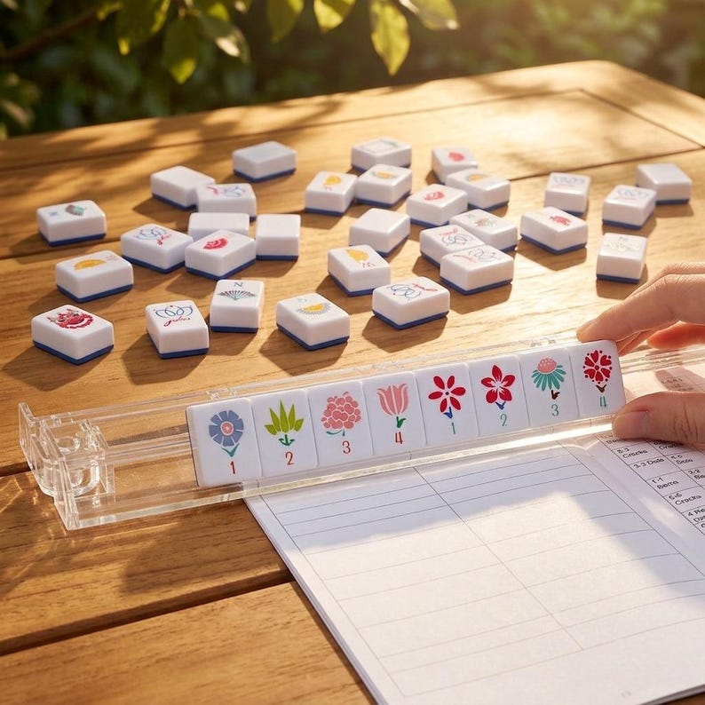 May include: A set of white rectangular mahjong tiles with blue bases, featuring various colorful floral and numerical designs. Eight tiles are arranged in a clear acrylic rack, displaying a sequence of flowers numbered one through four.