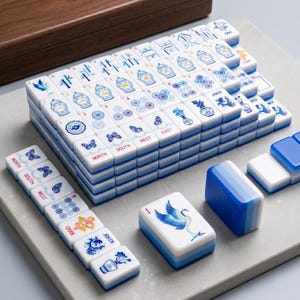 Puede incluir: Un juego de Mahjong completo con fichas blancas con ilustraciones azules de mariposas, jarrones y p&aacute;jaros. Las fichas tienen bordes azules y est&aacute;n dispuestas sobre una superficie gris. Una caja de madera es visible en el fondo.
