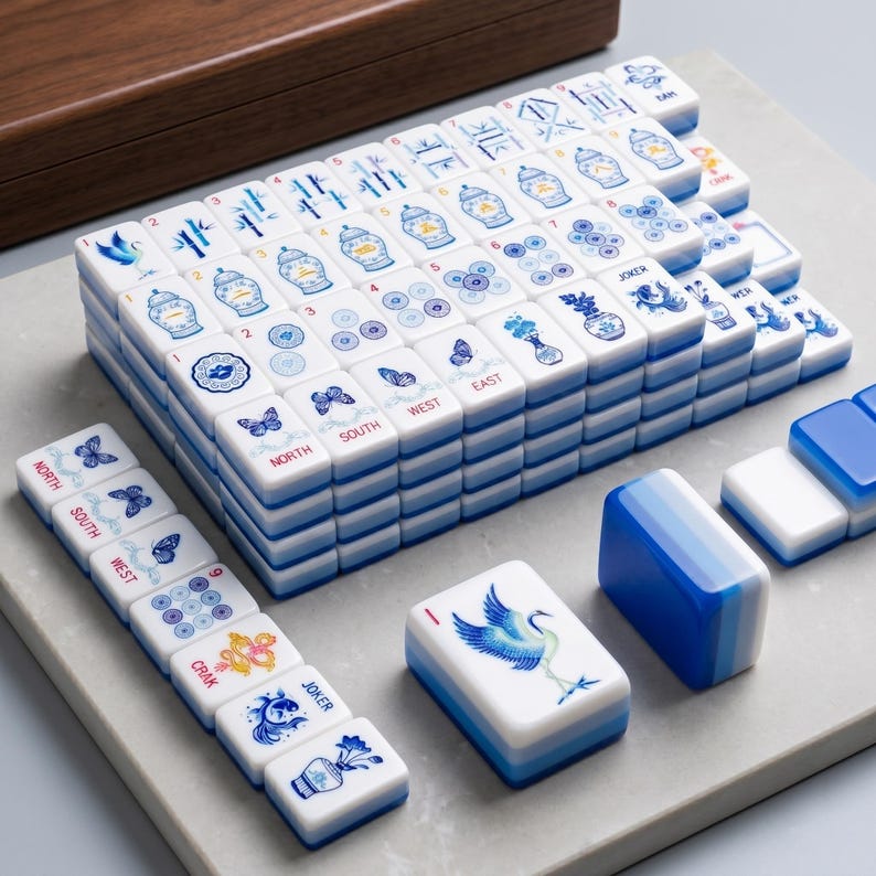 Puede incluir: Un juego de Mahjong completo con fichas blancas con ilustraciones azules de mariposas, jarrones y p&aacute;jaros. Las fichas tienen bordes azules y est&aacute;n dispuestas sobre una superficie gris. Una caja de madera es visible en el fondo.