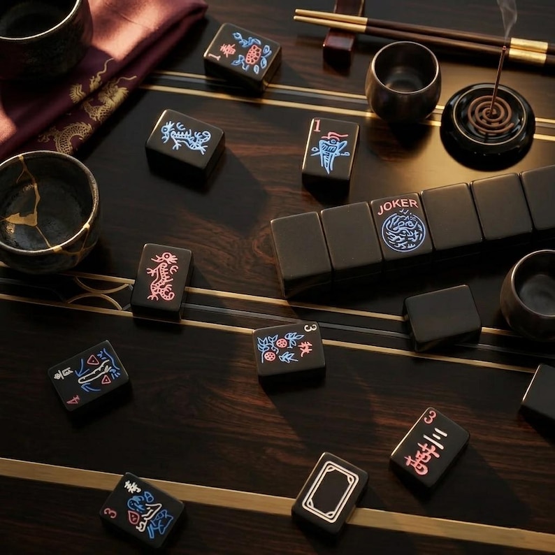 May include: A set of black mahjong tiles with neon-colored engravings, including a tile labeled JOKER, scattered on a dark wood surface with gold inlay. The set includes small ceramic cups, a burning incense coil, and a pair of wooden chopsticks.