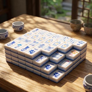 K&ouml;nnte beinhalten: Ein Satz wei&szlig;-blauer Mahjong-Steine, angeordnet auf einem Holztisch. Die Steine zeigen verschiedene blaue Illustrationen und Symbole. Mehrere kleine Keramikbecher mit blau-wei&szlig;en Mustern sind ebenfalls zu sehen, was auf ein Spiel hindeutet.