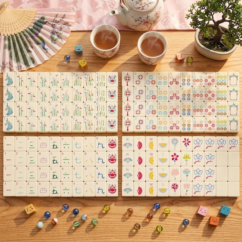 May include: A tabletop arrangement featuring a Mahjong set with ivory tiles, colorful illustrations, and Chinese characters. The scene includes tea cups, a teapot, dice, and decorative marbles, suggesting a game setting.