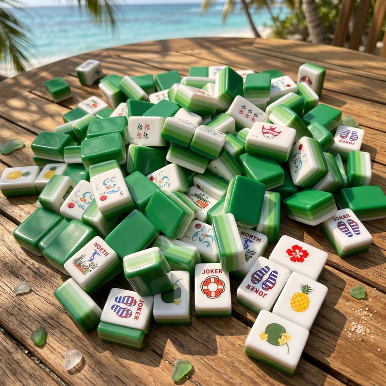 Op de afbeelding: Een verzameling groene en witte Mahjong-tegels verspreid over een houten oppervlak. De tegels tonen verschillende symbolen, waaronder ananassen, bloemen en het woord "Joker". De achtergrond toont een strandsc&egrave;ne met de oceaan en palmbomen.