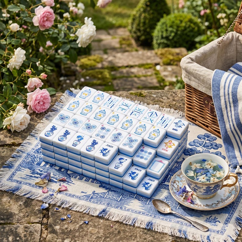 Puede incluir: Un juego de Mahjong con fichas blancas y azules, con varios s&iacute;mbolos y caracteres, dispuesto sobre un pa&ntilde;o con estampado azul y blanco. Tambi&eacute;n hay una taza de t&eacute; con un dise&ntilde;o floral y una cuchara, junto con una cesta de picnic y flores.
