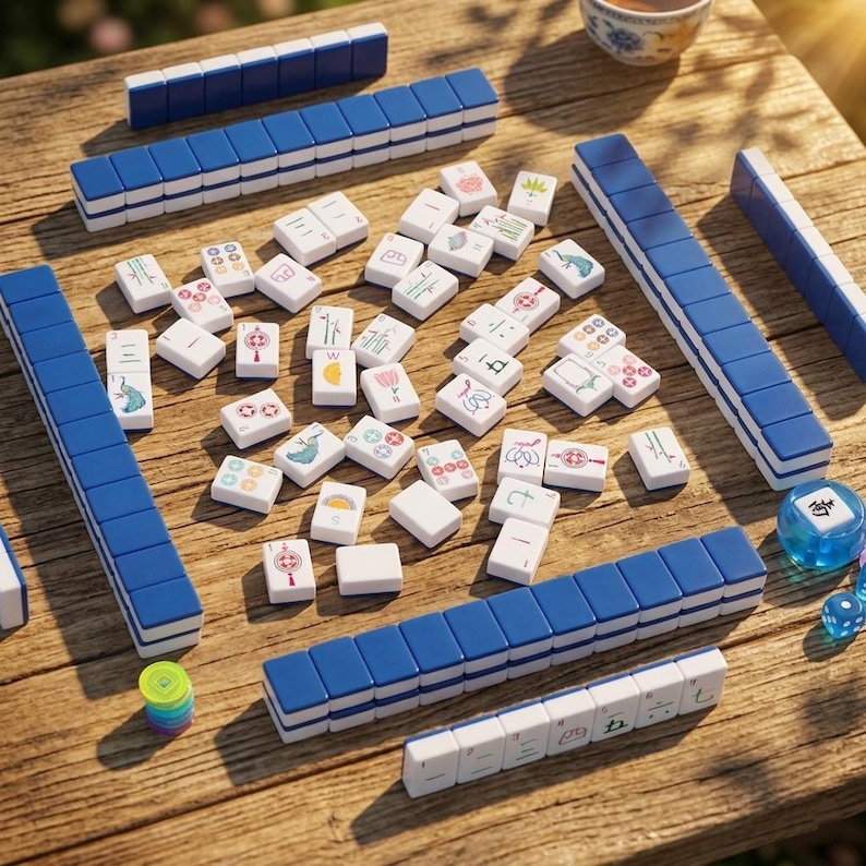 May include: A Mahjong set featuring white tiles with colorful illustrations and Chinese characters, alongside long blue racks for tile organization. The set includes a small stack of circular colored tokens and a translucent blue die on a wooden surface.