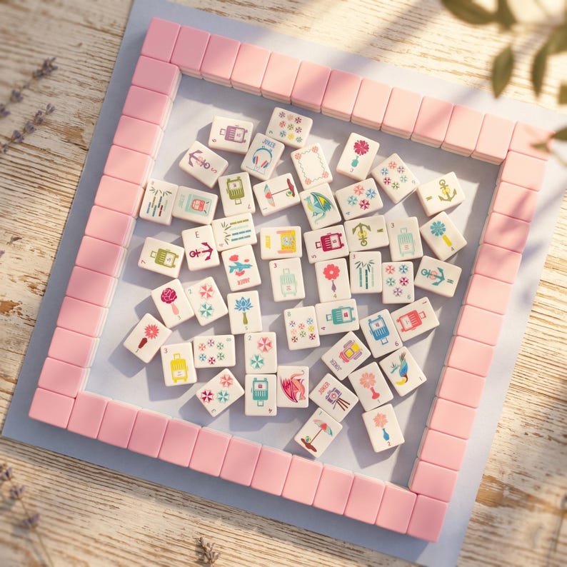 May include: A set of Mahjong tiles with various colorful illustrations, including flowers, anchors, and luggage. The tiles are arranged within a pink rectangular frame on a light blue surface, suggesting a game setup.