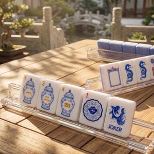 May include: A set of white Mahjong tiles with blue illustrations and numbers, displayed on a clear acrylic rack. The tiles feature various designs, including vases, floral patterns, and a fish. The word "JOKER" is visible on one tile. The scene is set on a wooden table.