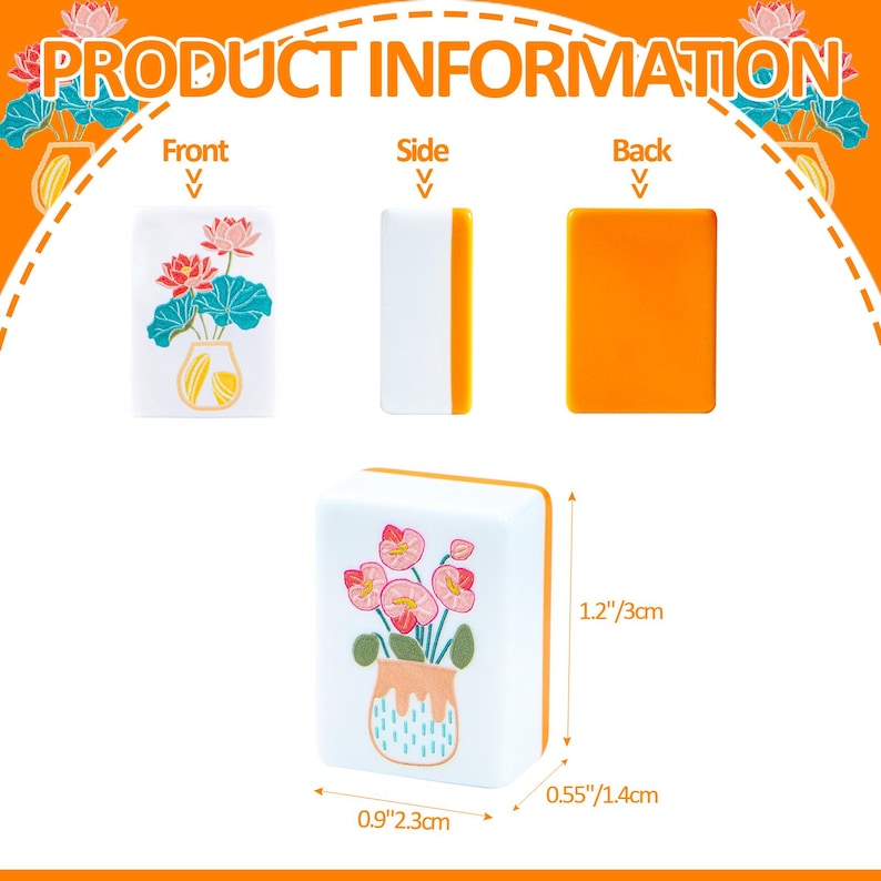 May include: A white rectangular tile with a floral design in a vase. The tile is 1.2 inches tall, 0.9 inches wide, and 0.55 inches thick. The side and back of the tile are orange. The image also shows the words "PRODUCT INFORMATION".