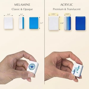 May include: A comparison chart of melamine and acrylic mahjong tiles. Melamine tiles are opaque with dimensions of 0.9 inches by 0.5 inches by 1.2 inches. Acrylic tiles are translucent with dimensions of 0.91 inches by 0.63 inches by 1.26 inches.