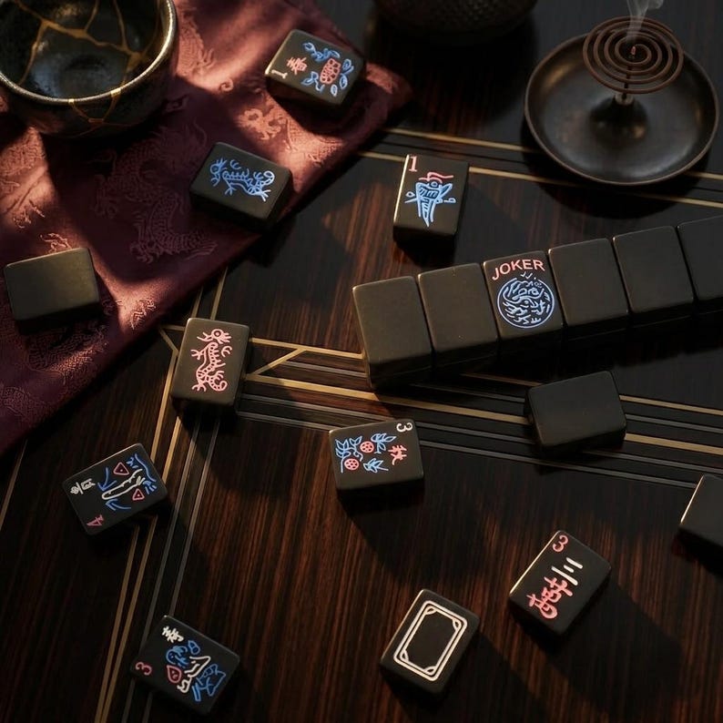 May include: A set of black mahjong tiles with neon-colored engraved designs and characters, including a tile labeled JOKER, scattered across a dark wood surface alongside a maroon cloth with a dragon pattern, a ceramic bowl, and incense.