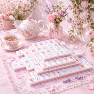 Puede incluir: Un juego de mahjong con fichas blancas que presentan ilustraciones florales y de lavanda, dispuestas en una formaci&oacute;n escalonada. Las fichas muestran varios dise&ntilde;os bot&aacute;nicos, letras y s&iacute;mbolos en colores pastel suaves sobre un mantel rosa floral.
