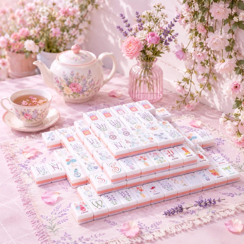 Puede incluir: Un juego de mahjong con fichas blancas que presentan ilustraciones florales y de lavanda, dispuestas en una formaci&oacute;n escalonada. Las fichas muestran varios dise&ntilde;os bot&aacute;nicos, letras y s&iacute;mbolos en colores pastel suaves sobre un mantel rosa floral.