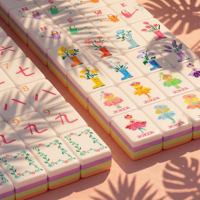 May include: A collection of white Mahjong tiles with colorful illustrations of flowers in boots, watering cans, and dancing figures. The tiles have numbers and Chinese characters, with "JOKER" printed on some.