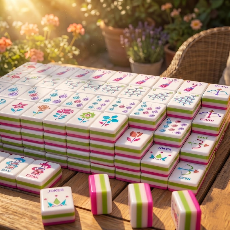 Puede incluir: Un juego de Mahjong completo con fichas blancas con dise&ntilde;os florales y simb&oacute;licos coloridos. Las fichas est&aacute;n apiladas sobre una superficie de madera, con bordes a rayas rosas y verdes. El juego est&aacute; al aire libre.
