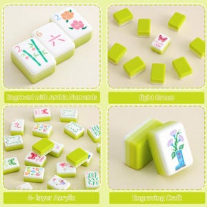 May include: A collection of light green and white Mahjong tiles. Some tiles feature Arabic numerals, floral designs, and illustrations. The text "4-layer Acrylic" and "Engraving Craft" are visible.