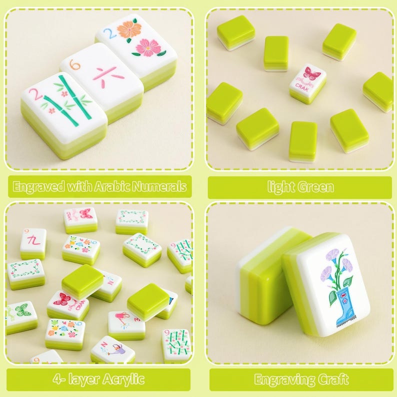 May include: A collection of light green and white Mahjong tiles. Some tiles feature Arabic numerals, floral designs, and illustrations. The text "4-layer Acrylic" and "Engraving Craft" are visible.