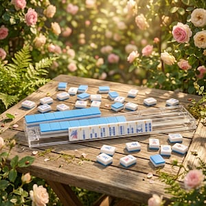 K&ouml;nnte beinhalten: Ein Mahjong-Set mit blau-wei&szlig;en Spielsteinen liegt auf einem Holztisch. Die Spielsteine sind verstreut und in einer transparenten Kunststoffbox angeordnet. Im Hintergrund ein Garten mit rosa Rosen und Sonnenlicht.