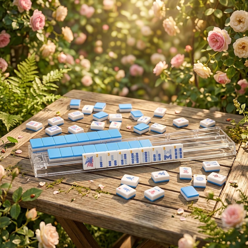 K&ouml;nnte beinhalten: Ein Mahjong-Set mit blau-wei&szlig;en Spielsteinen liegt auf einem Holztisch. Die Spielsteine sind verstreut und in einer transparenten Kunststoffbox angeordnet. Im Hintergrund ein Garten mit rosa Rosen und Sonnenlicht.