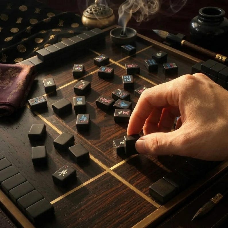 May include: A dark wooden board game set featuring rectangular black tiles with colorful engraved symbols. The tiles are arranged on a grid-patterned board, with some tiles scattered across the surface and others stacked in rows along the edges.