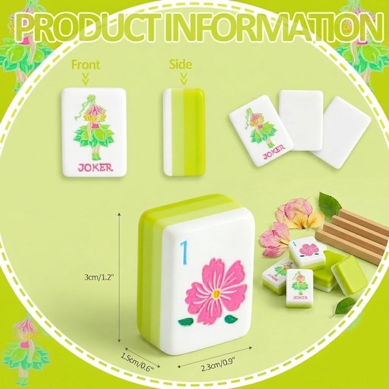 May include: A set of white and green Mahjong tiles. One tile features a pink flower and the number 1. Other tiles show a green and pink figure and the word "JOKER". The tiles measure 2.3 inches by 0.9 inches.