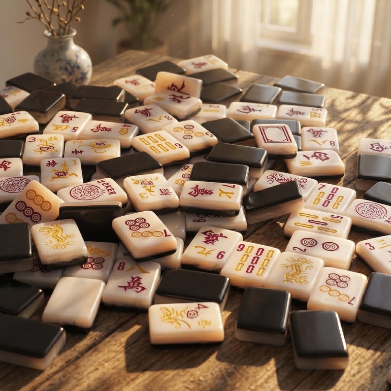 Puede incluir: Un conjunto de fichas de Mahjong marfil y negras esparcidas sobre una superficie de madera. Las fichas presentan varios s&iacute;mbolos, n&uacute;meros y caracteres en rojo y dorado. Algunas fichas est&aacute;n marcadas con la palabra "JOKER".