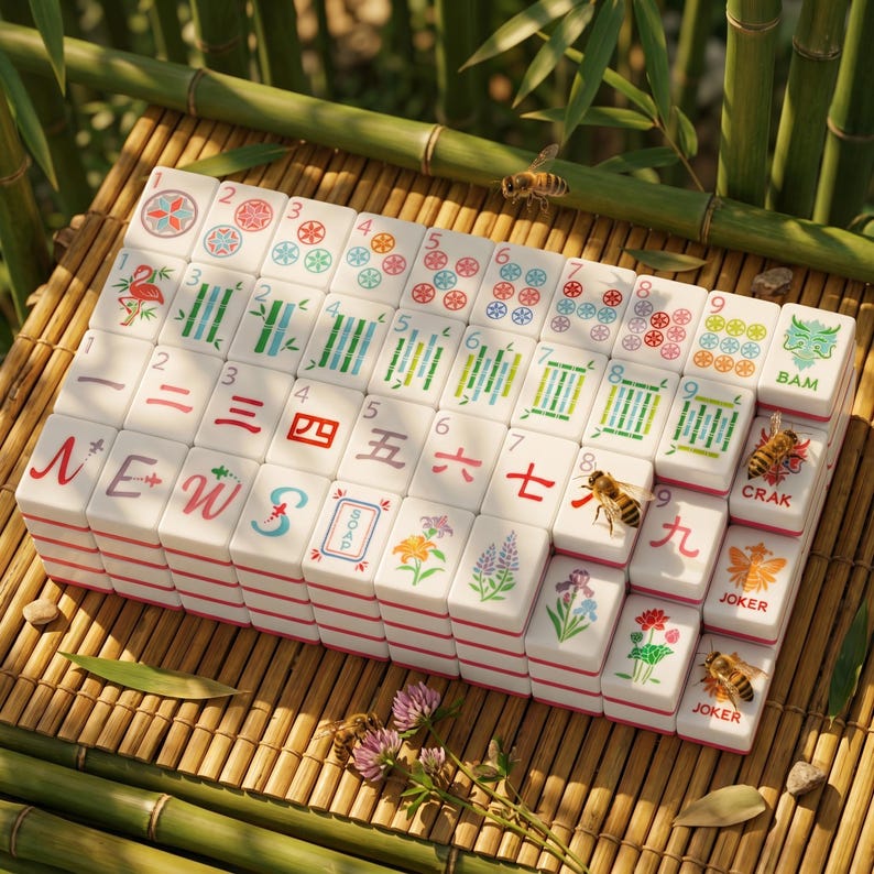 May include: A set of white Mahjong tiles with red edges, arranged on a bamboo mat. The tiles feature various symbols, numbers, and Chinese characters. Bees and flowers are also present, adding a natural touch to the game.