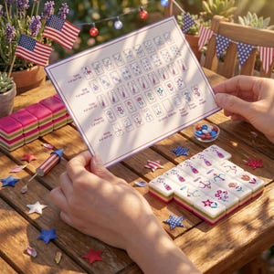 K&ouml;nnte beinhalten: Ein Miniatur-Mahjong-Set mit rosa, gr&uuml;nen und wei&szlig;en Spielsteinen und einer Referenzkarte. Die Spielsteine sind auf einer Holzoberfl&auml;che mit sternf&ouml;rmigen Dekorationen angeordnet. Amerikanische Flaggen und ein kleiner Feuerwerksk&ouml;rper sind ebenfalls vorhanden.