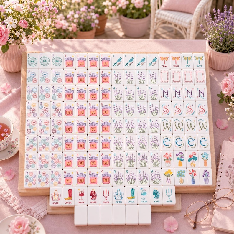 Puede incluir: Un juego de fichas de mahjong con piezas blancas que presentan ilustraciones coloridas, incluyendo ramas de lavanda, jarrones con flores, regalos y varios iconos. Las fichas est&aacute;n dispuestas en una cuadr&iacute;cula sobre un tablero de madera.