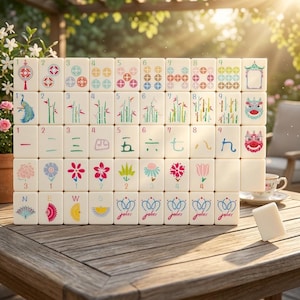 May include: A set of rectangular Mahjong tiles arranged in a grid, featuring various colorful illustrations including numbers, bamboo stalks, flowers, fans, and dragon motifs. Each tile is off-white with distinct, vibrant graphic designs printed on the front.