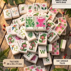 May include: A set of 160 white mahjong tiles with a single-layer base, each measuring 36 x 25 x 11 mm. The tiles feature colourful illustrations of animals, plants, and treehouses, along with letters and numbers. Some tiles display a pink and green grid.