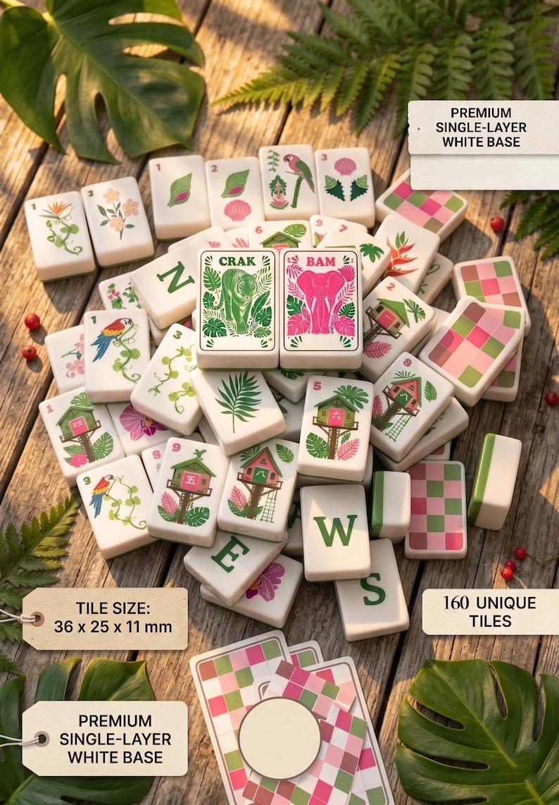 May include: A set of 160 white mahjong tiles with a single-layer base, each measuring 36 x 25 x 11 mm. The tiles feature colourful illustrations of animals, plants, and treehouses, along with letters and numbers. Some tiles display a pink and green grid.