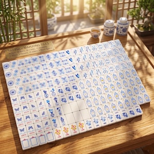 May include: A 160-piece Mahjong tile set with white tiles and blue illustrations. The tiles are arranged on a wooden surface. The set includes dots, bams, cracks, dragons, winds, flowers, jokers, and blank spares. The text "160 Piece Mahjong Tiles" is visible.