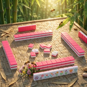 May include: A Mahjong set with pink and white tiles arranged on a woven mat. The tiles are stacked in rows and scattered, with some displaying floral and character designs. Bees and flowers are also present.